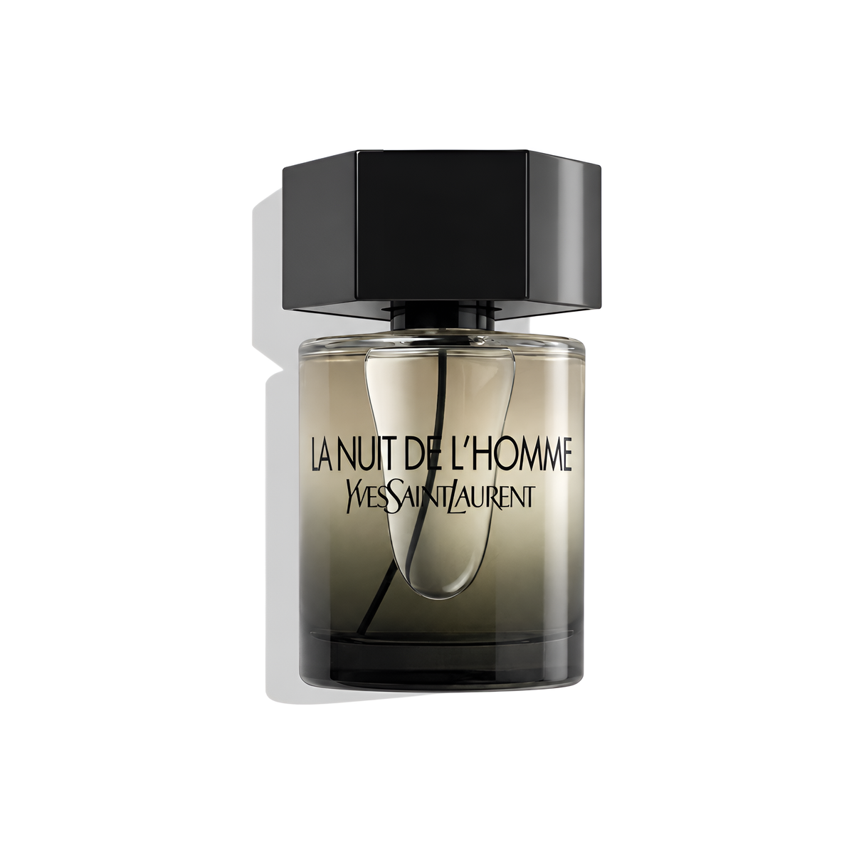 Bottle of YSL La Nuit de l’Homme EDT fragrance on a white background with soft shadow