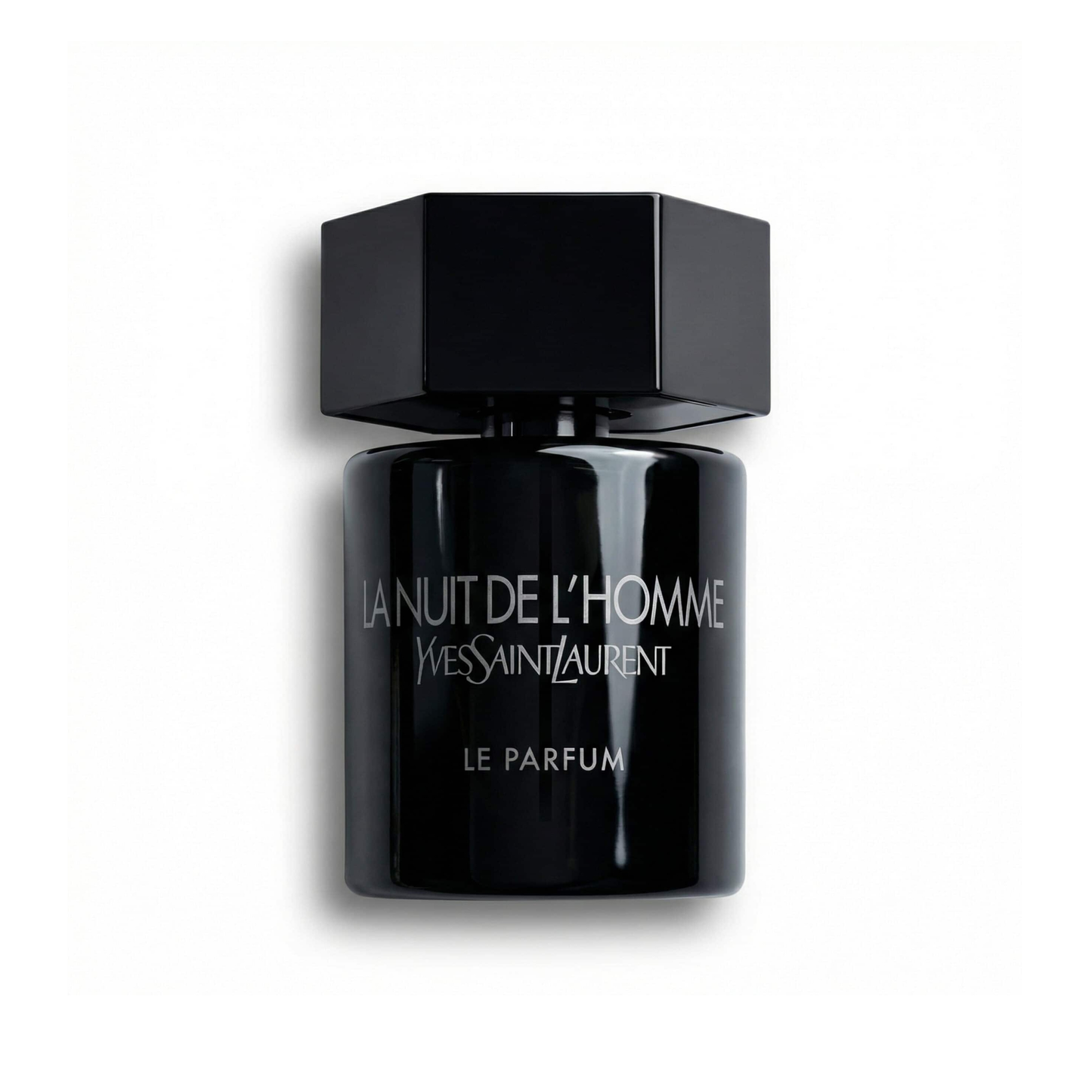 Bottle of YSL La Nuit de l’Homme Le Parfum (Batch 2013) fragrance on a white background with soft shadow