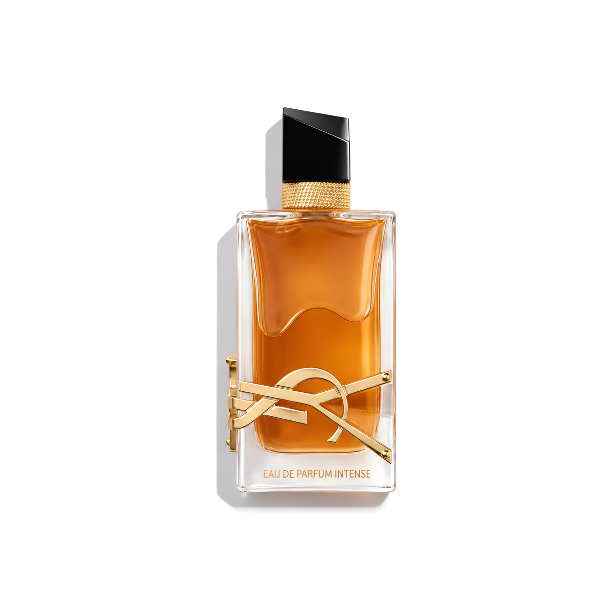 Bottle of YSL Libre Intense EDP fragrance on a white background with soft shadow