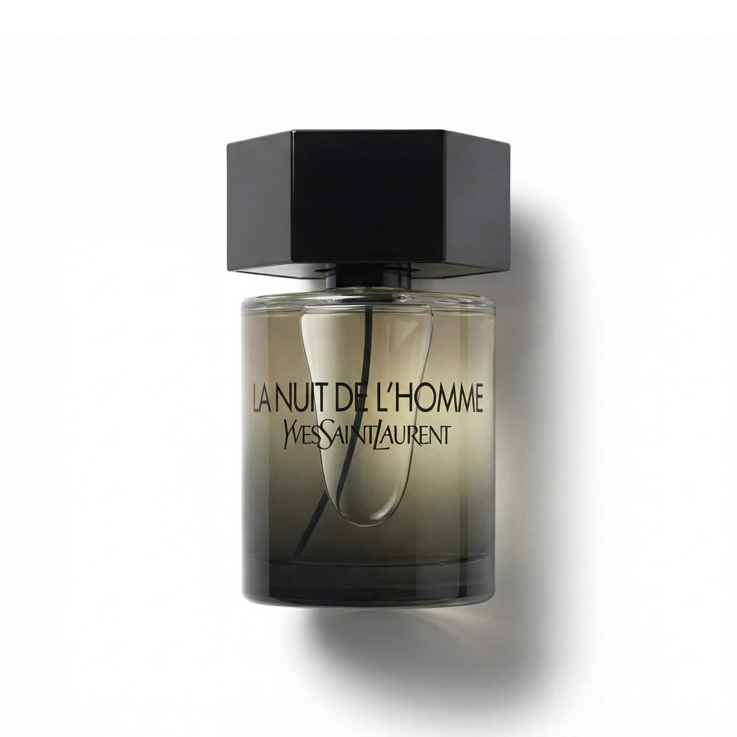 Bottle of Yves Saint Laurent La Nuit de l’Homme EDT fragrance on a white background with soft shadow