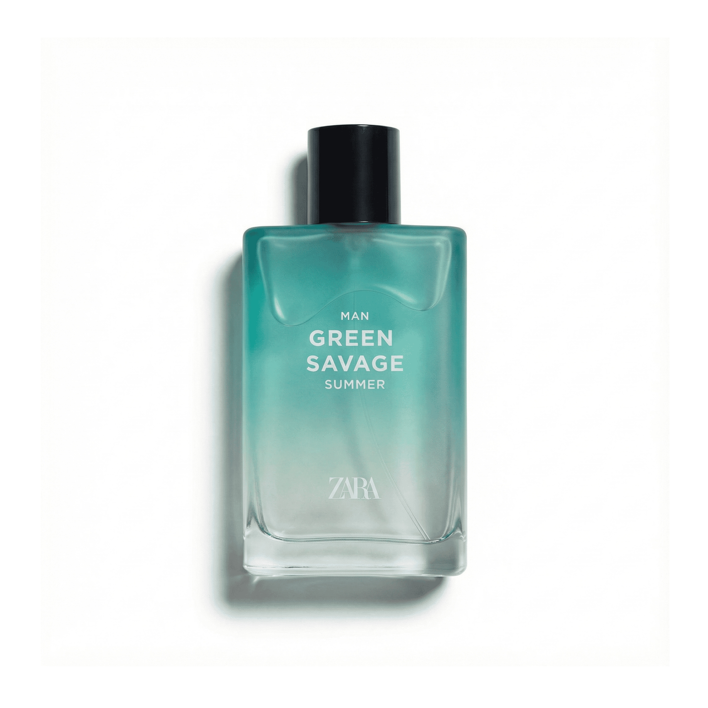 Bottle of Zara Green Savage Summer EDT fragrance on a white background with soft shadow