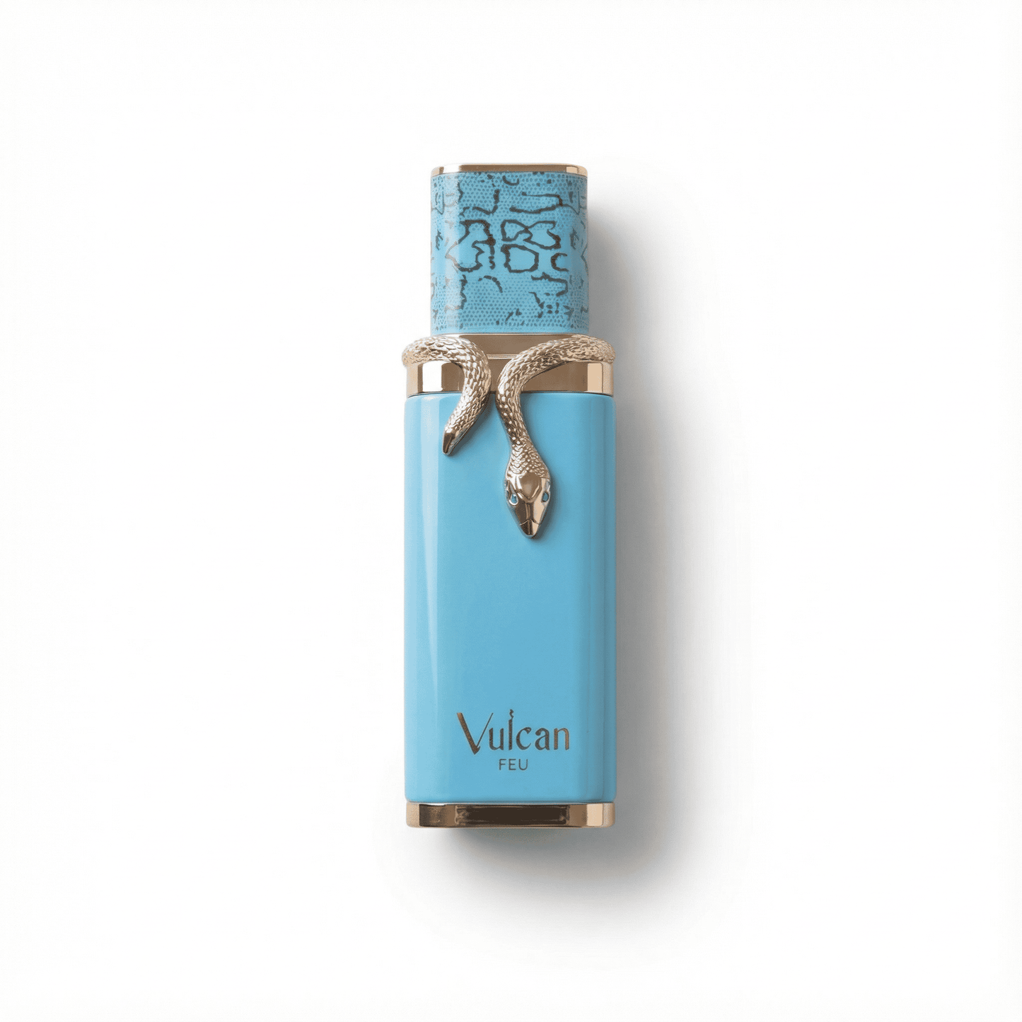 Vulcan FEU perfume bottle with a striking snake emblem in blue and gold accents.