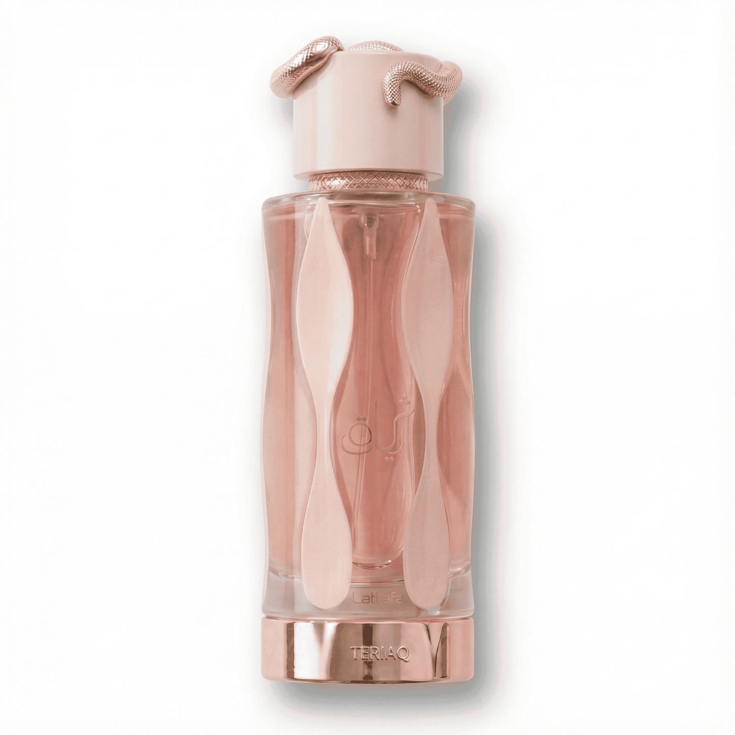 Rose gold perfume bottle with snake details, elegant design for luxury fragrances.