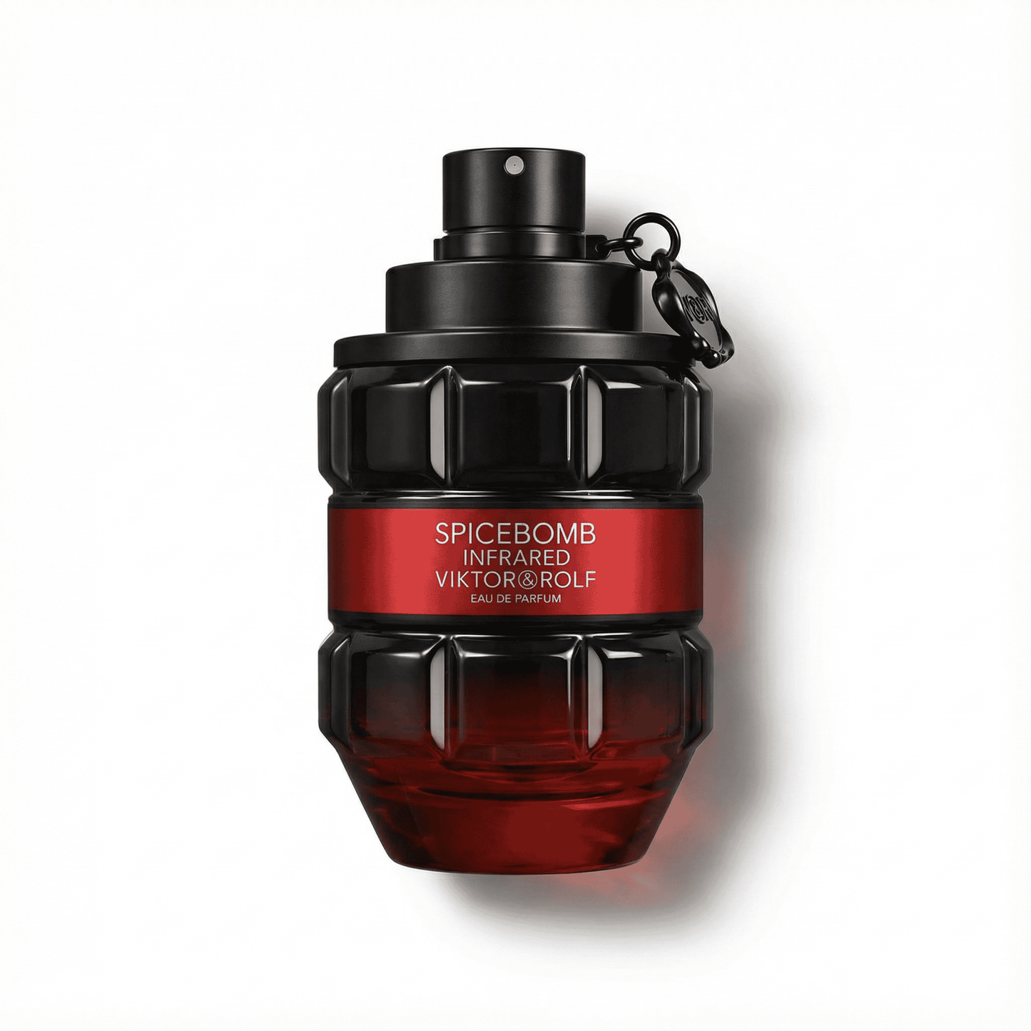 Dark red perfume bottle inspired by a hand grenade, featuring bold black cap and sleek design.