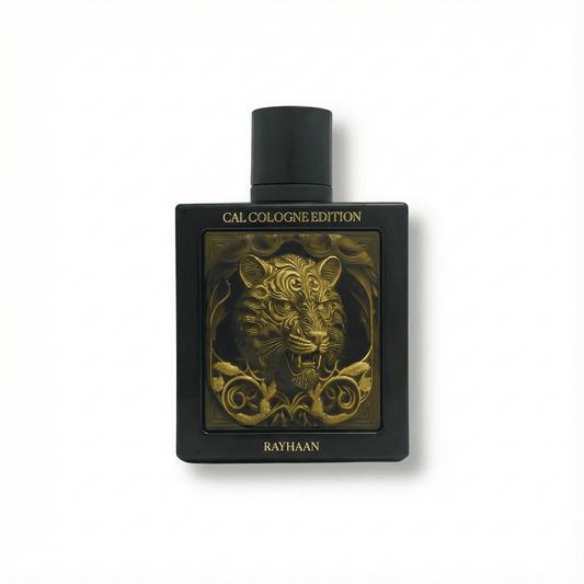 Luxurious black perfume bottle with gold lion design, premium fragrance by Rayhaan.
