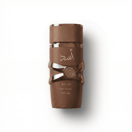 Intense Bourbon scent perfume bottle with elegant brown design and embossed details.