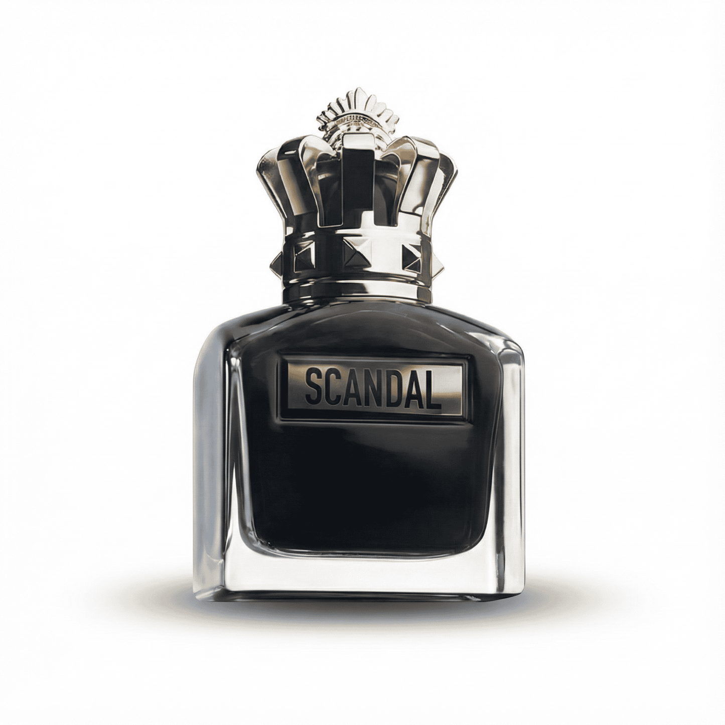 Bold black perfume bottle labeled "SCANDAL" with a decorative crown cap, representing luxury fragrances.
