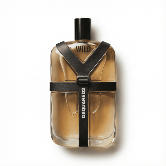 Aromatherapy fragrance bottle with bold black harness strap for a luxury scent experience.