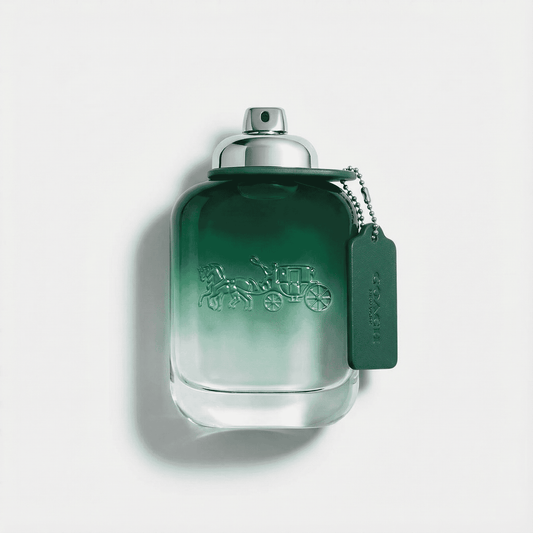 Luxury green perfume bottle with horse and carriage embossed design, elegant and stylish.