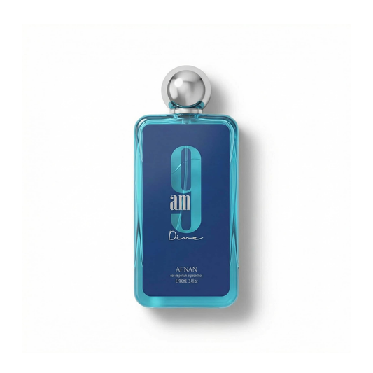 Bottle of Afnan 9AM Dive EDP fragrance on a white background with soft shadow