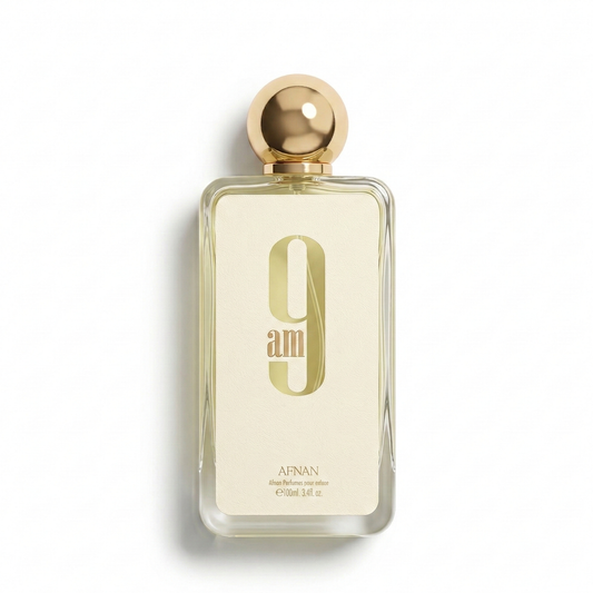 Bottle of Afnan 9AM EDP fragrance on a white background with soft shadow