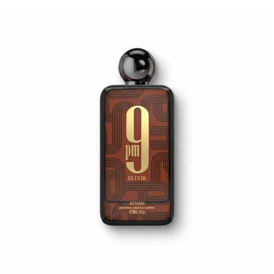 Bottle of Afnan 9PM Elixir EDP fragrance on a white background with soft shadow