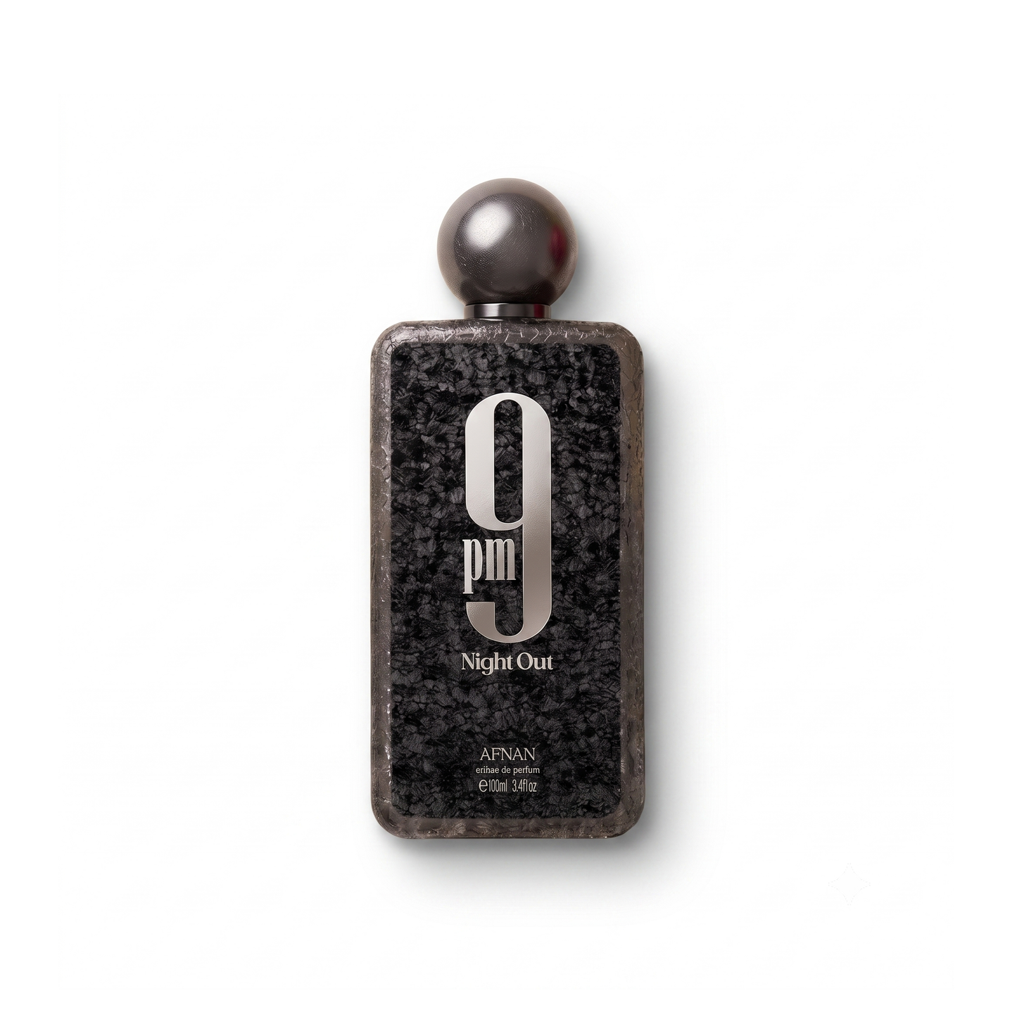 Bottle of Afnan 9PM Nightout Extrait fragrance on a white background with soft shadow