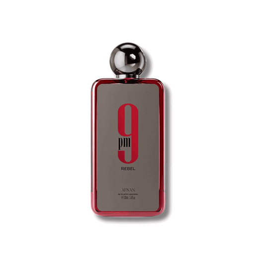 Bottle of Afnan 9PM Rebel EDP fragrance on a white background with soft shadow