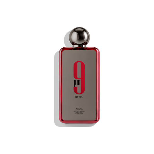 Bottle of Afnan 9PM Rebel EDP fragrance on a white background with soft shadow