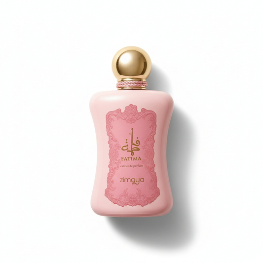 Bottle of Afnan Fatima Pink Extrait fragrance on a white background with soft shadow