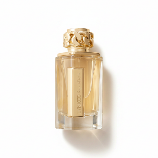 Bottle of Afnan Lynked Forever EDP fragrance on a white background with soft shadow