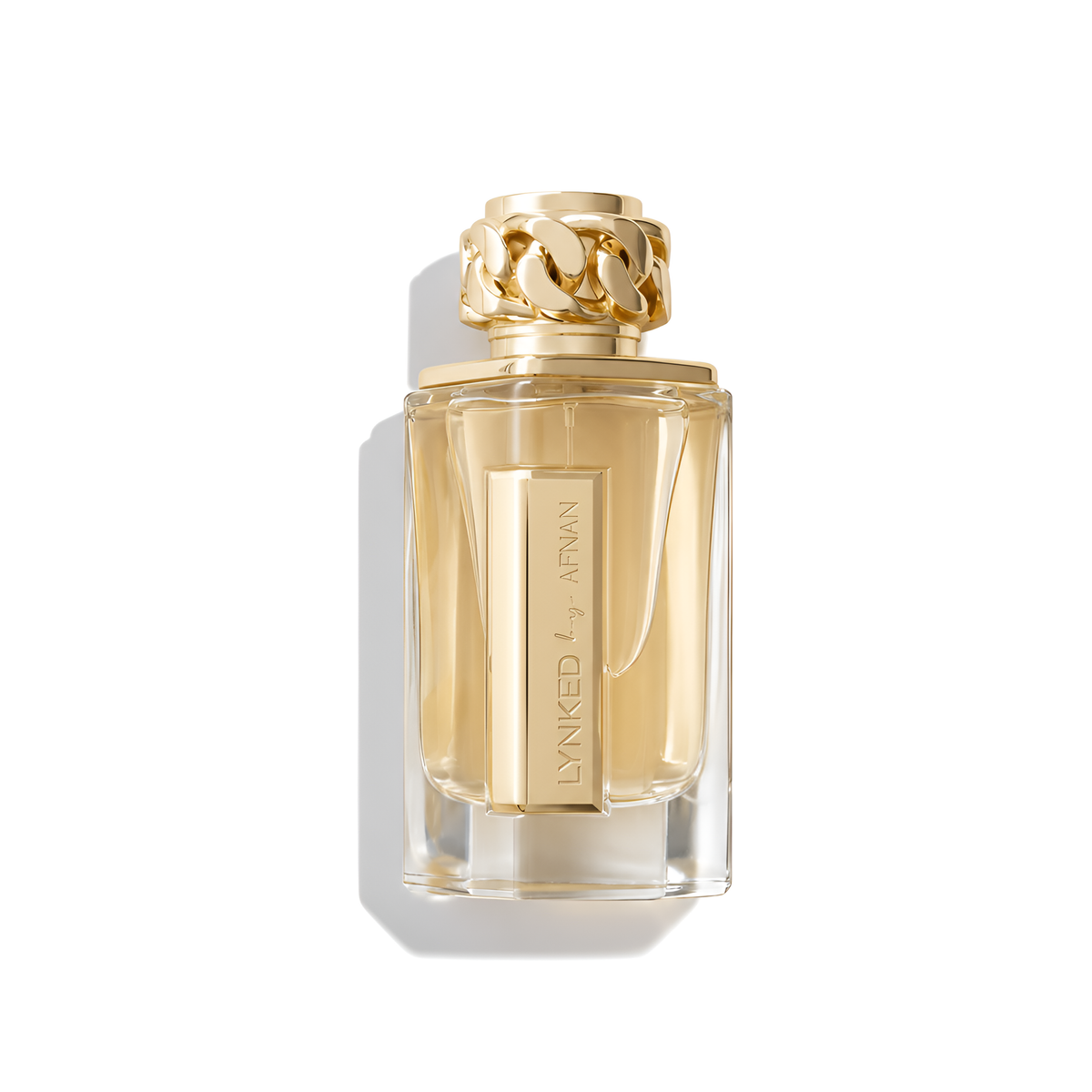 Bottle of Afnan Lynked Forever EDP fragrance on a white background with soft shadow