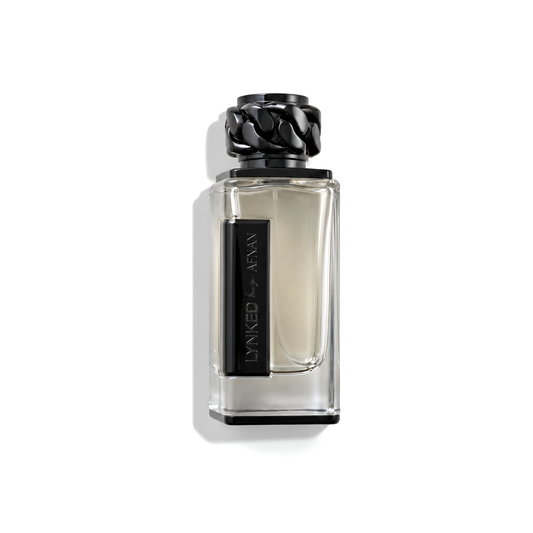 Bottle of Afnan Lynked Freedom EDP fragrance on a white background with soft shadow