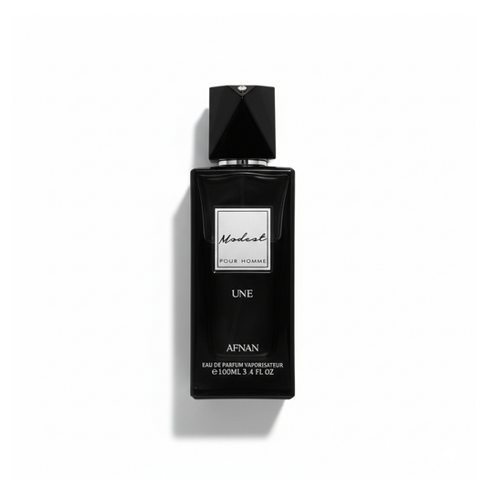 Bottle of Afnan Modest Une EDP fragrance on a white background with soft shadow