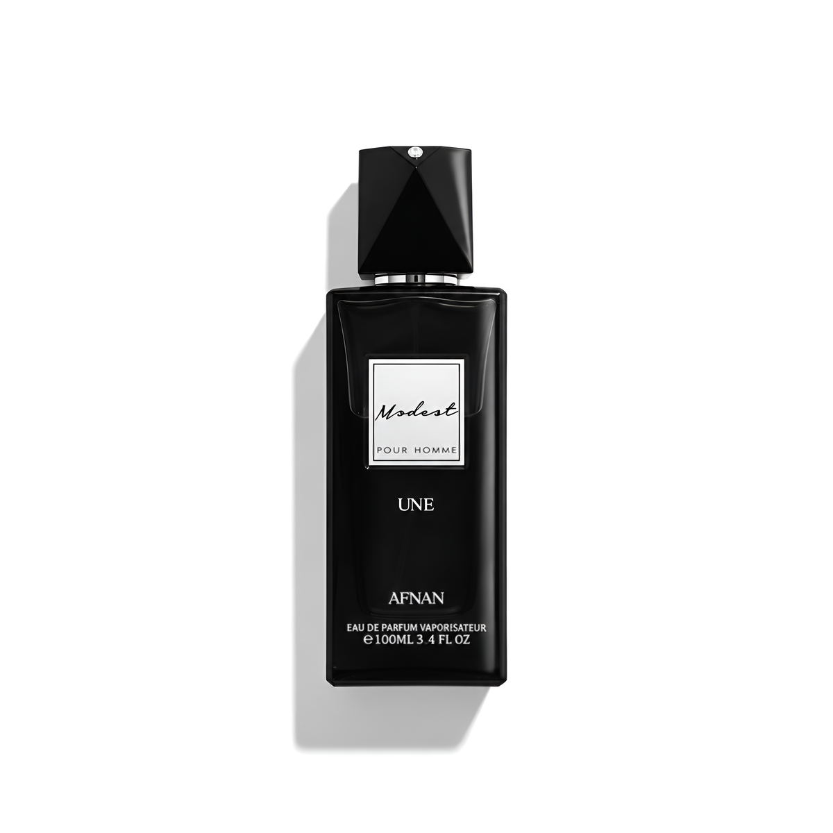 Bottle of Afnan Modest Une EDP fragrance on a white background with soft shadow