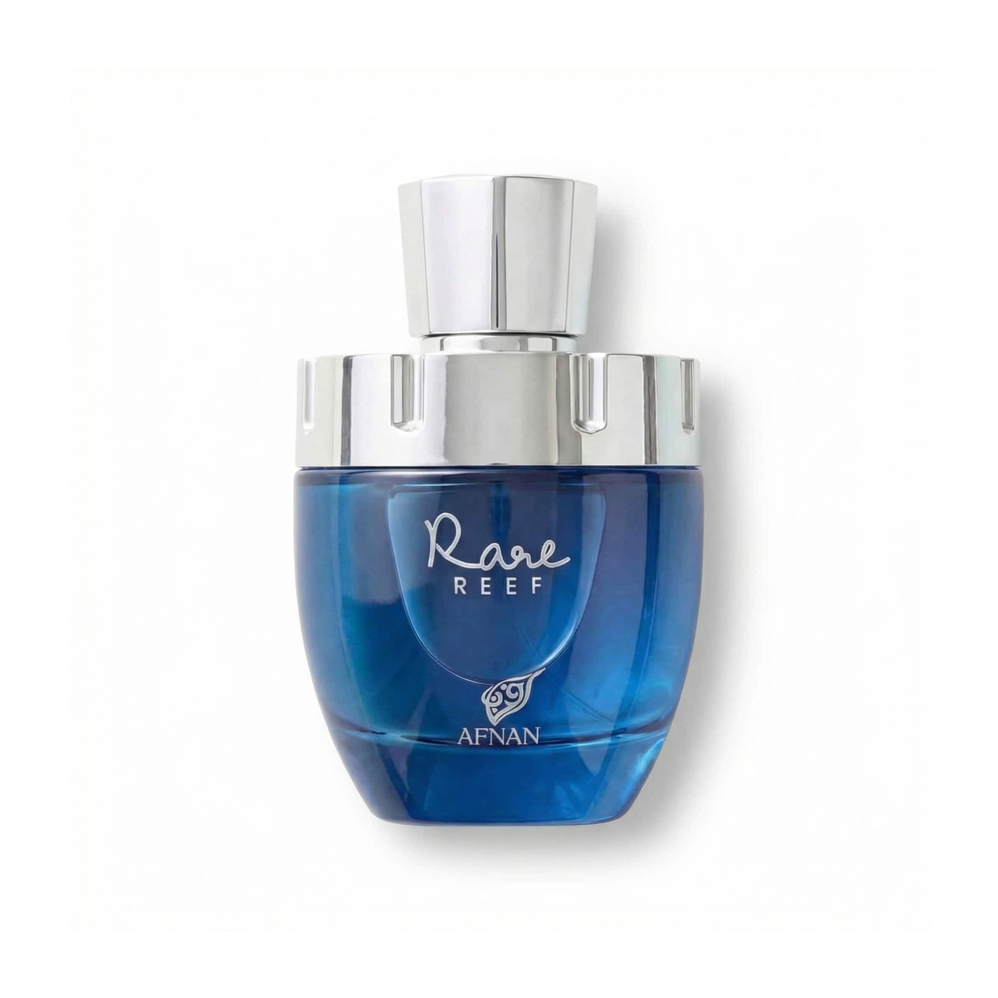 Bottle of Afnan Rare Reef EDP fragrance on a white background with soft shadow
