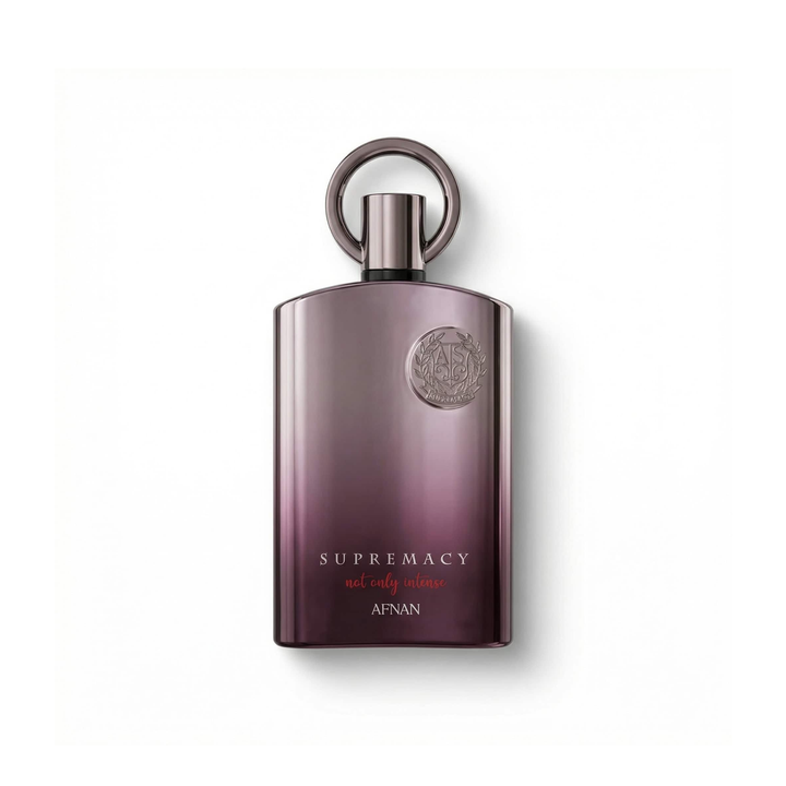 Bottle of Afnan Supremacy Not Only Intense Extrait fragrance on a white background with soft shadow