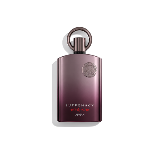 Bottle of Afnan Supremacy Not Only Intense Extrait fragrance on a white background with soft shadow