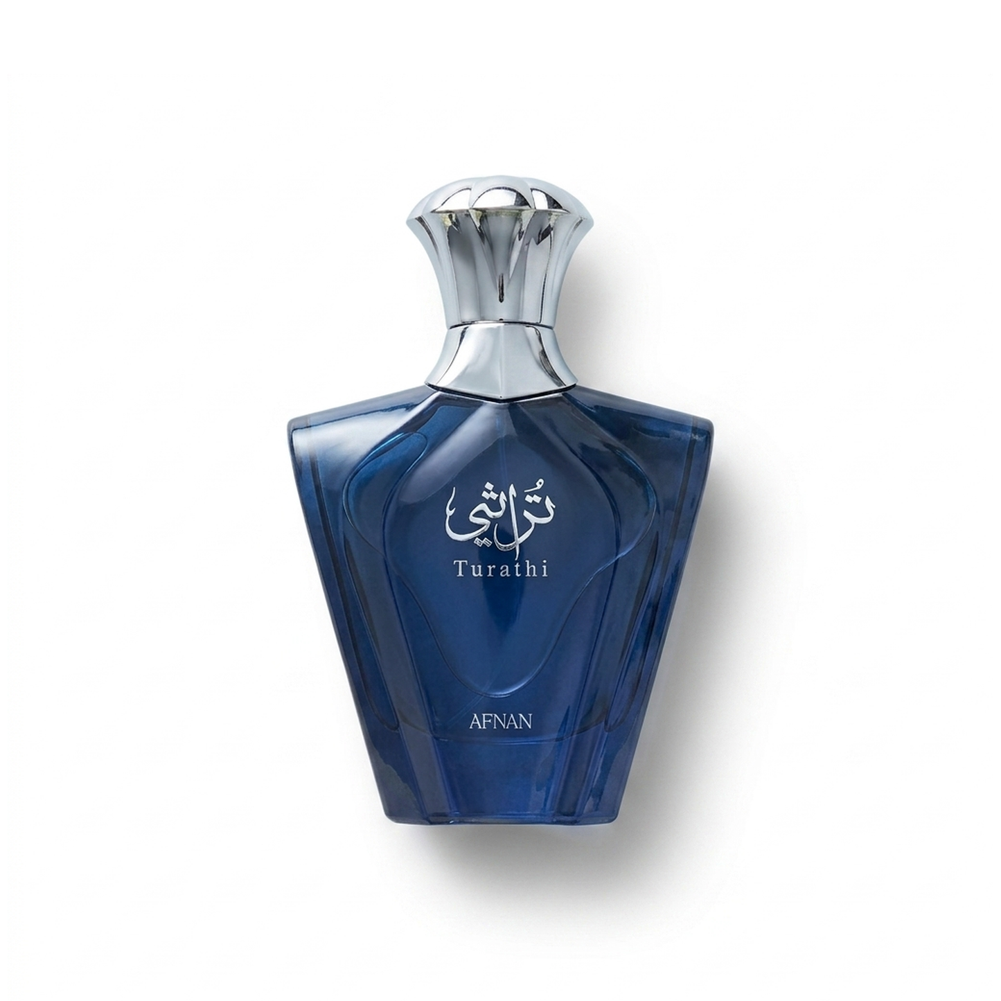 Bottle of Afnan Turathi Blue EDP fragrance on a white background with soft shadow