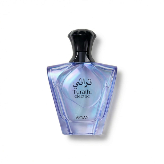 Bottle of Afnan Turathi Electric EDP fragrance on a white background with soft shadow