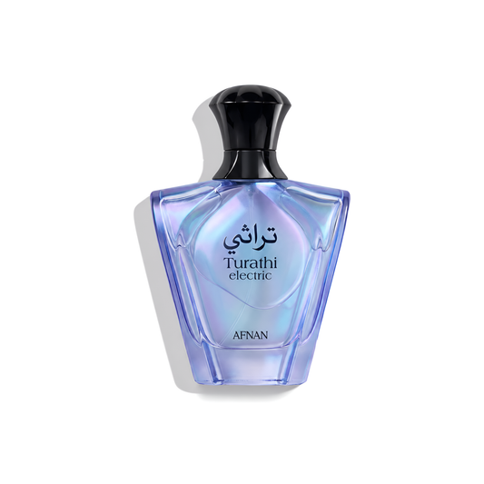 Bottle of Afnan Turathi Electric EDP fragrance on a white background with soft shadow