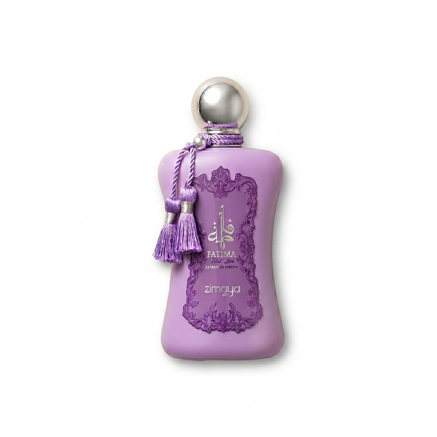 Bottle of Afnan Zimaya Fatima Velvet Love EDP fragrance on a white background with soft shadow