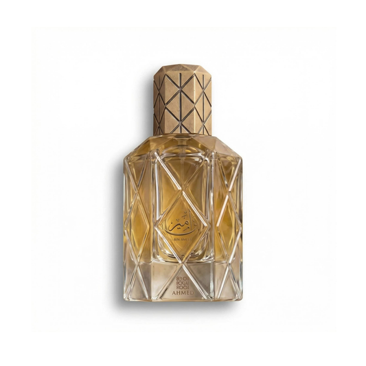 Bottle of Ahmed AL Maghribi Bin Ameer EDP fragrance on a white background with soft shadow