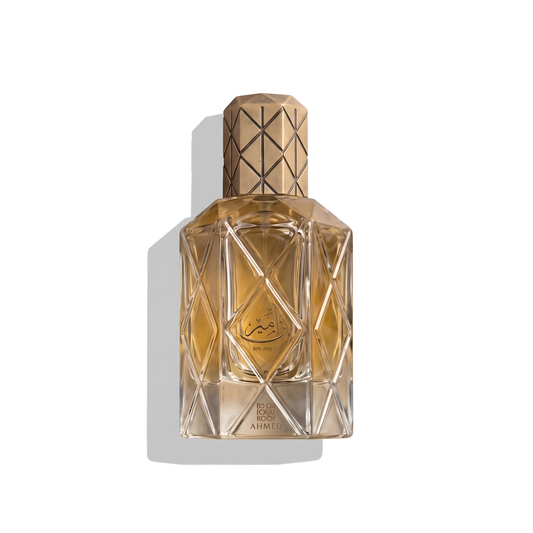 Bottle of Ahmed AL Maghribi Bin Ameer EDP fragrance on a white background with soft shadow