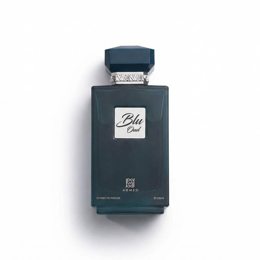 Bottle of Ahmed AL Maghribi Blu Oud EDP fragrance on a white background with soft shadow