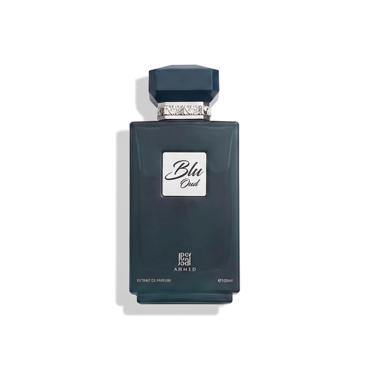 Bottle of Ahmed AL Maghribi Blu Oud EDP fragrance on a white background with soft shadow