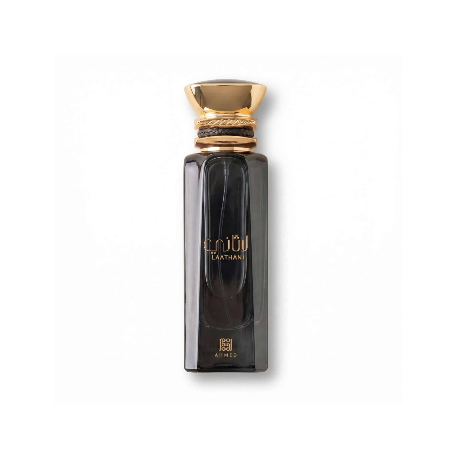 Bottle of Ahmed AL Maghribi Laathani EDP fragrance on a white background with soft shadow