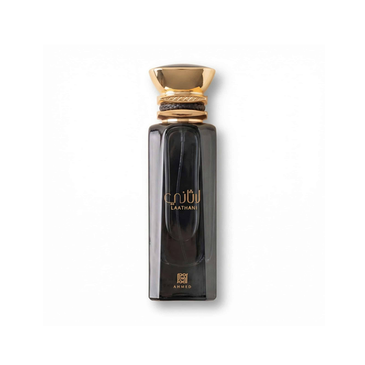 Bottle of Ahmed AL Maghribi Laathani EDP fragrance on a white background with soft shadow