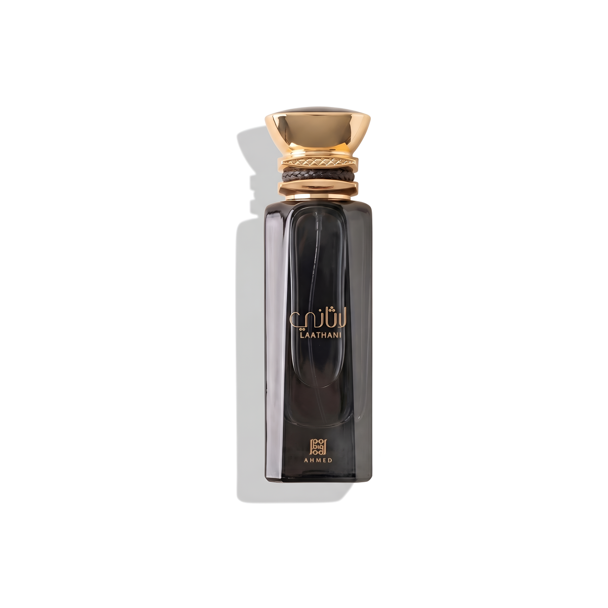Bottle of Ahmed AL Maghribi Laathani EDP fragrance on a white background with soft shadow