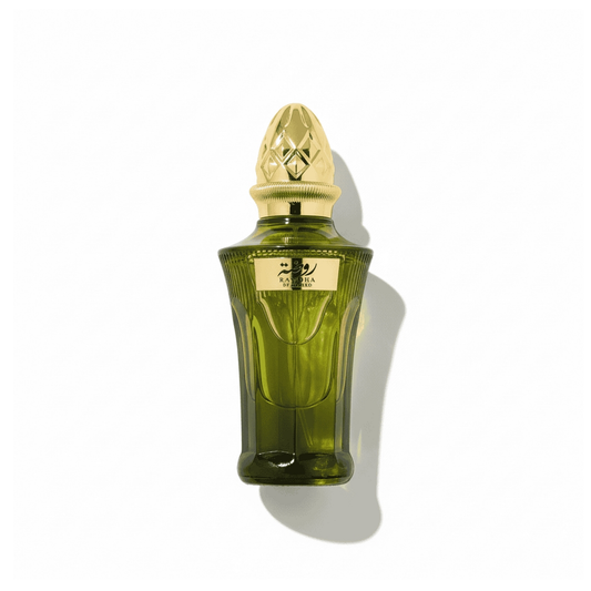 Bottle of Ahmed AL Maghribi Rawda EDP fragrance on a white background with soft shadow