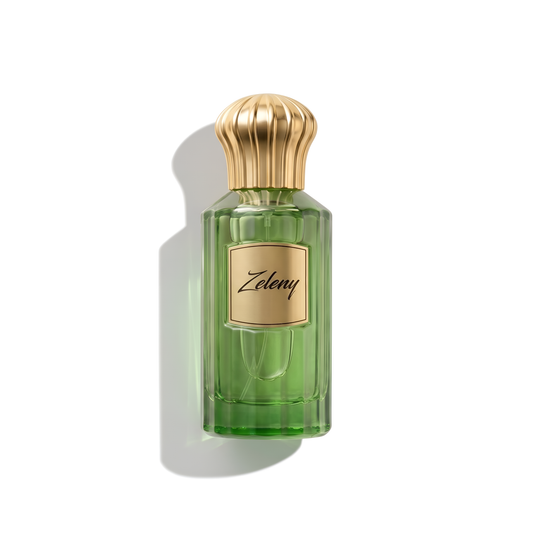 Bottle of Ahmed AL Maghribi Zeleny EDP fragrance on a white background with soft shadow