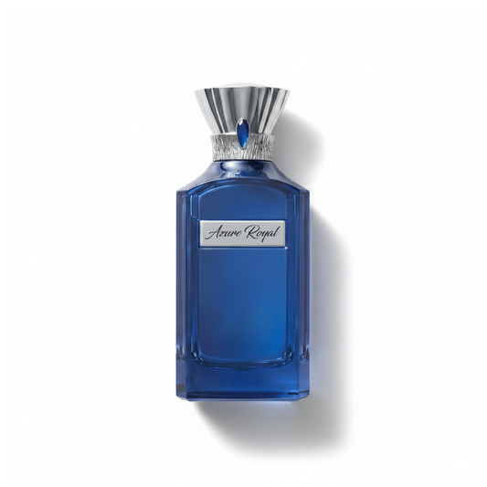 Bottle of Ahmed Al Maghribi Azure Royal EDP fragrance on a white background with soft shadow