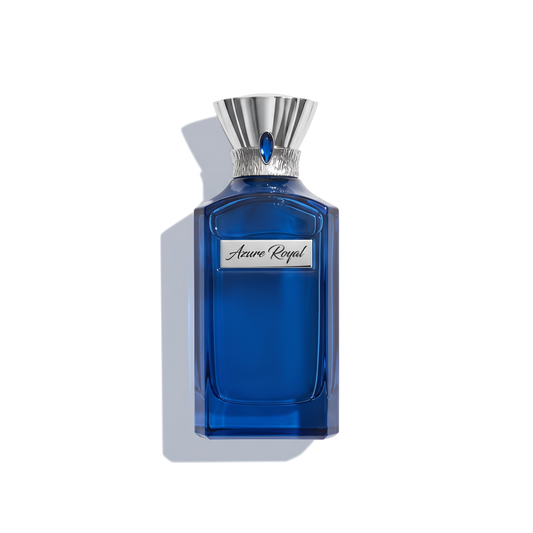 Bottle of Ahmed Al Maghribi Azure Royal EDP fragrance on a white background with soft shadow