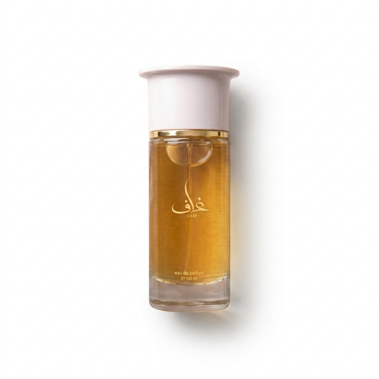 Bottle of Ahmed Al Maghribi Ghaf EDP fragrance on a white background with soft shadow