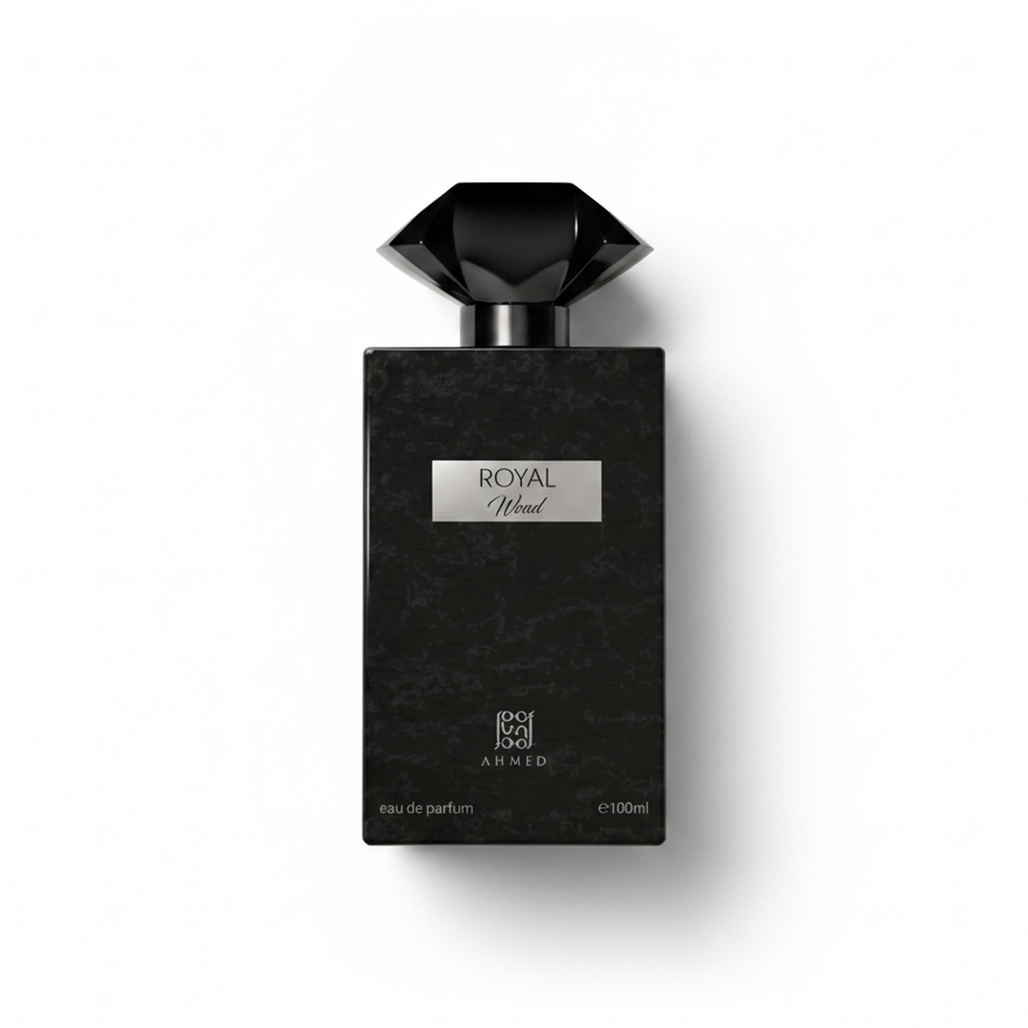 Bottle of Ahmed Al Maghribi Royal Wood EDP fragrance on a white background with soft shadow