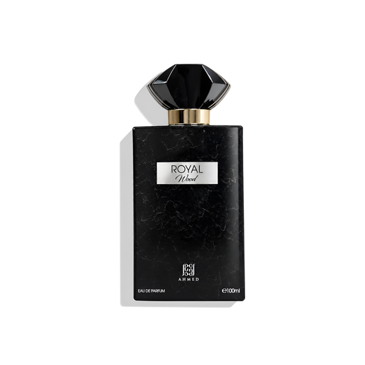 Bottle of Ahmed Al Maghribi Royal Wood EDP fragrance on a white background with soft shadow