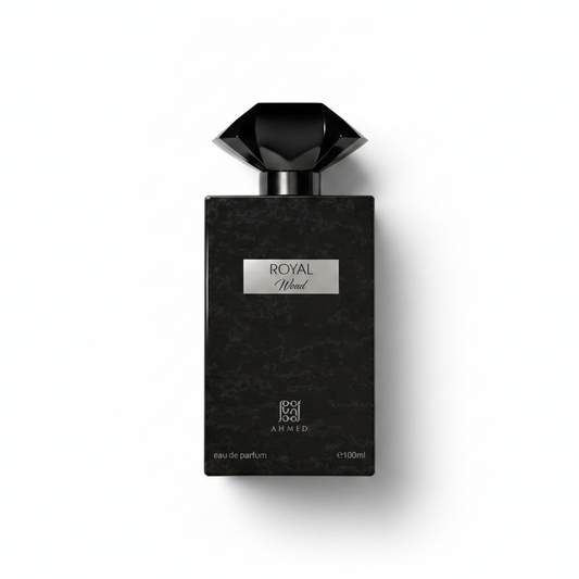 Bottle of Ahmed Al Maghribi Royal Wood fragrance on a white background with soft shadow