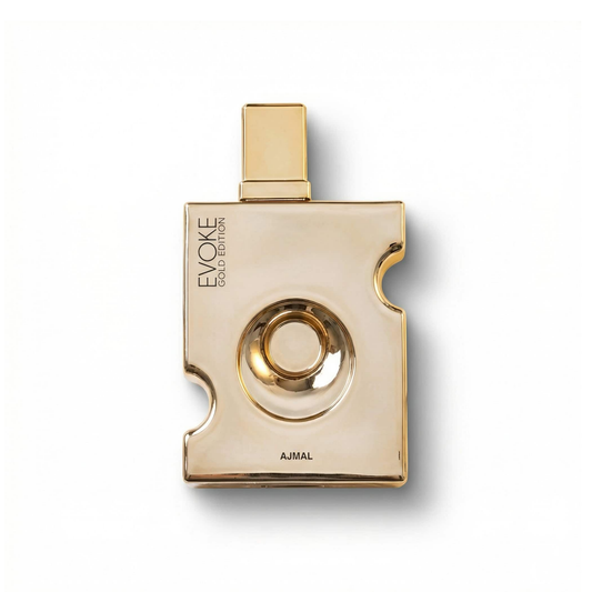 Bottle of Ajmal Evoke Gold Edition EDP fragrance on a white background with soft shadow