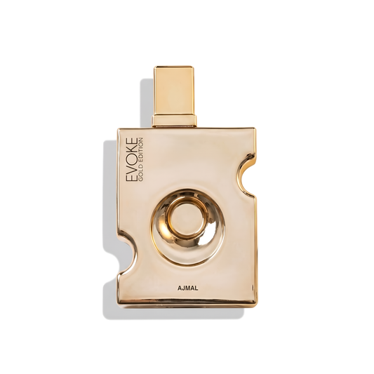 Bottle of Ajmal Evoke Gold Edition EDP fragrance on a white background with soft shadow