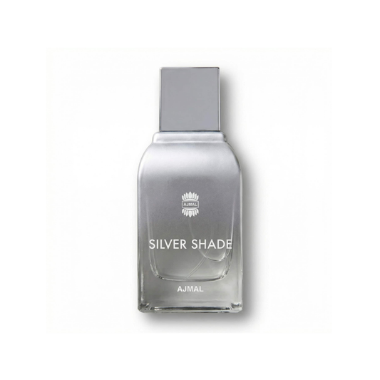 Bottle of Ajmal Silver Shade EDP fragrance on a white background with soft shadow